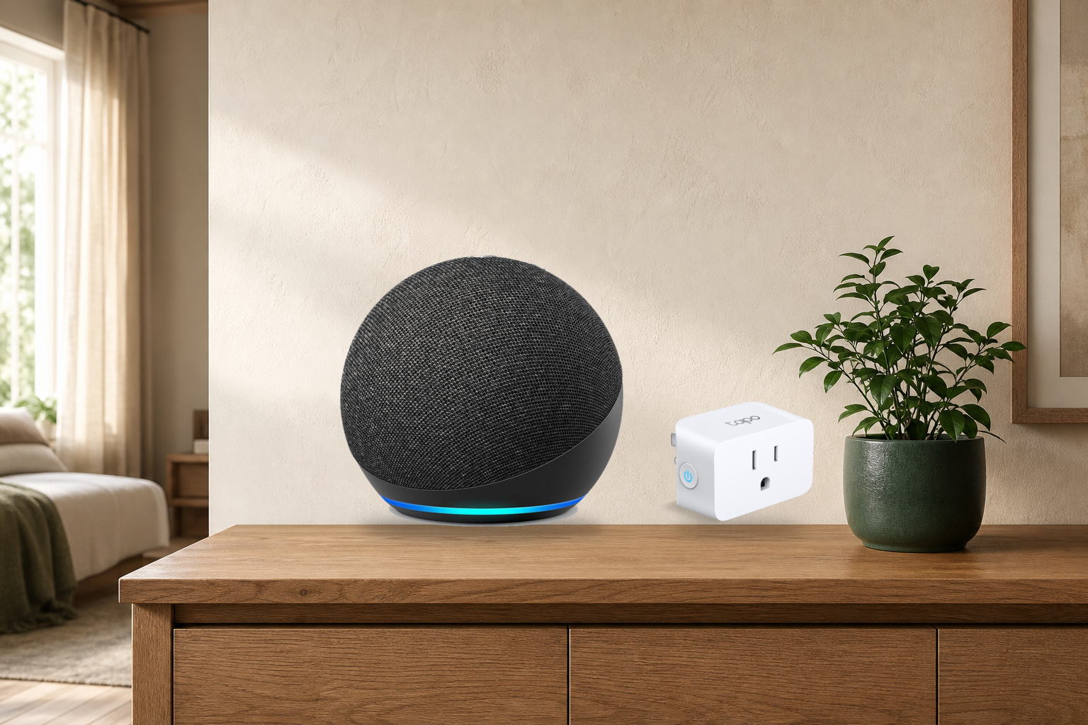 Amazon Echo Dot and Tapo P125M Matter smart plug on a warm oak console
