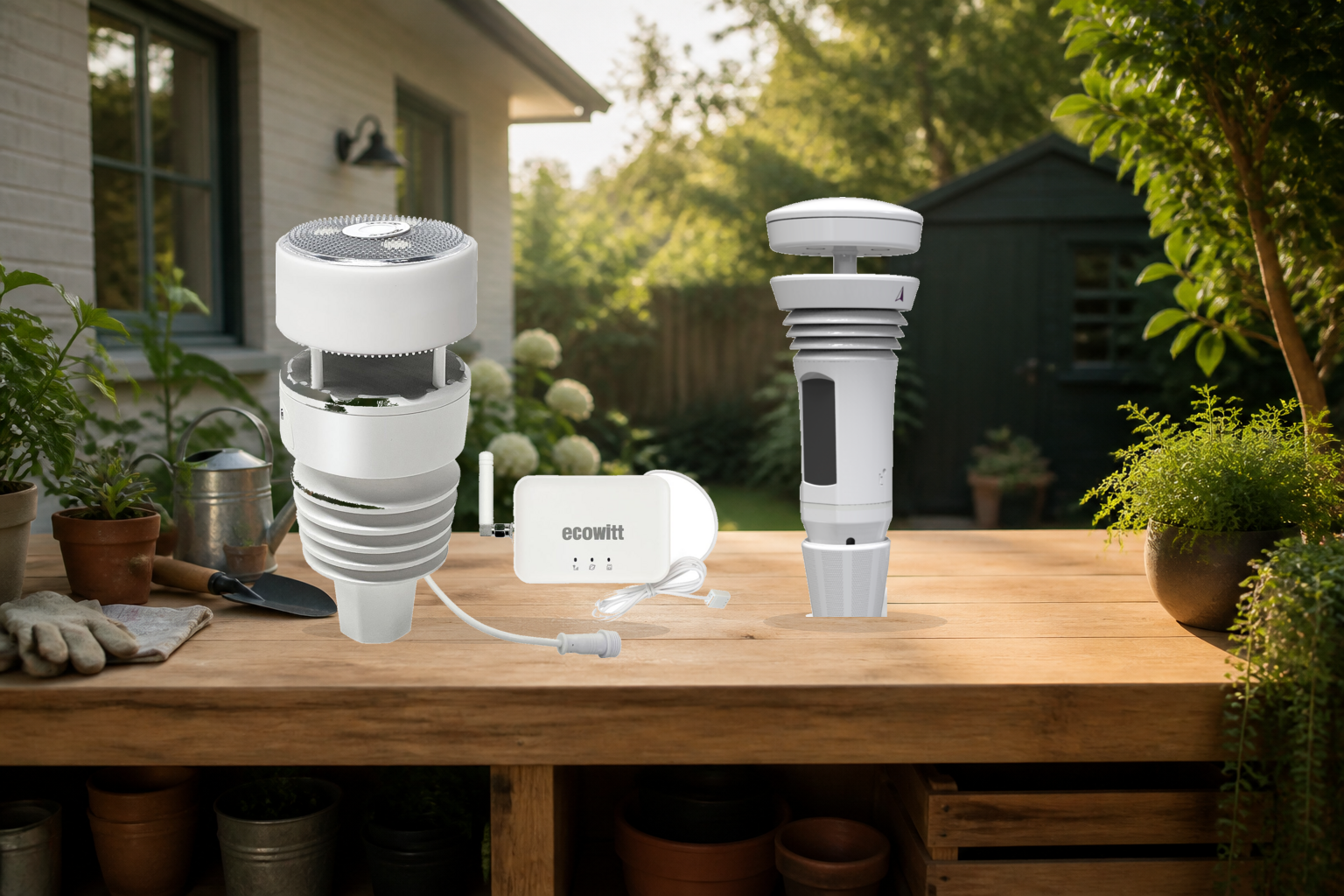 Ecowitt WS90 with GW3000 gateway and a Tempest Weather Station on a garden workbench