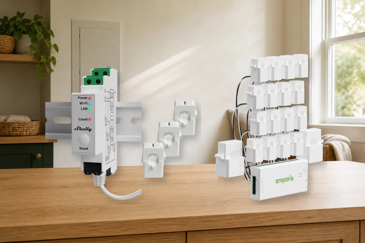 Shelly Pro 3EM and Emporia Vue 3 whole-home energy monitors in a warm residential utility room