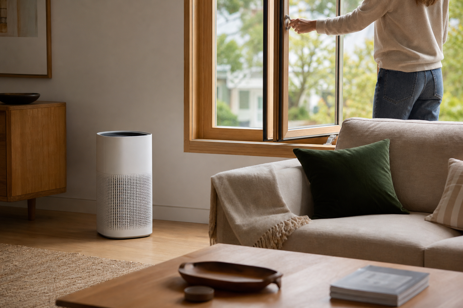 A warm living room with an open window and a portable air purifier, showing ventilation versus filtration