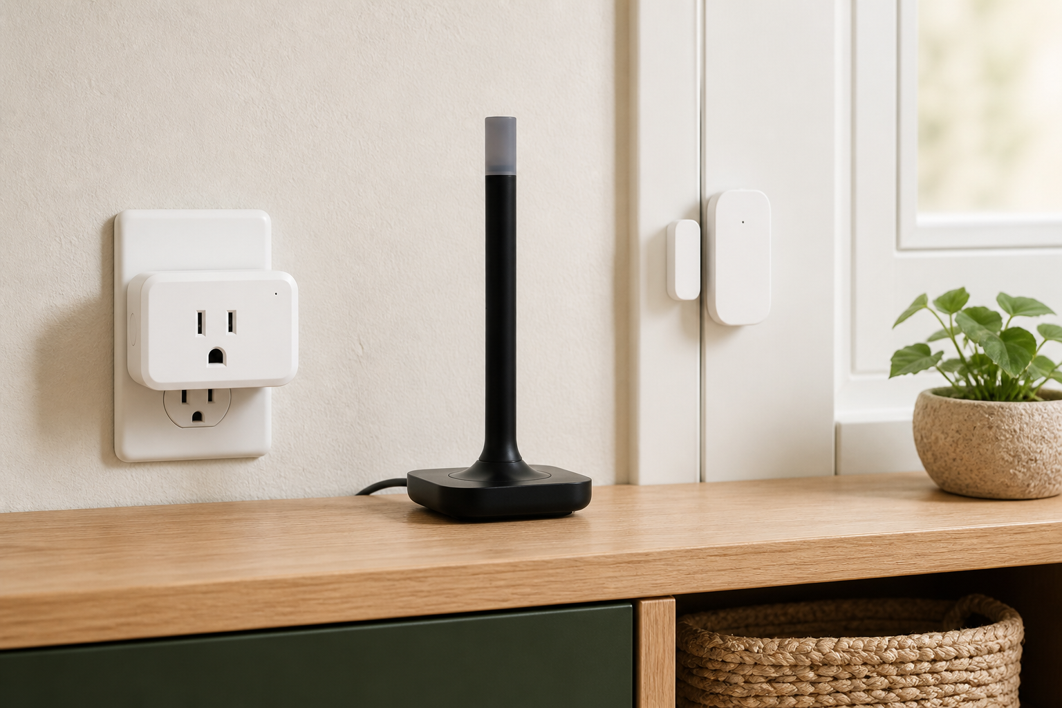 Third Reality smart plug, Home Assistant Connect ZBT-2, and Aqara door sensor in a warm entryway