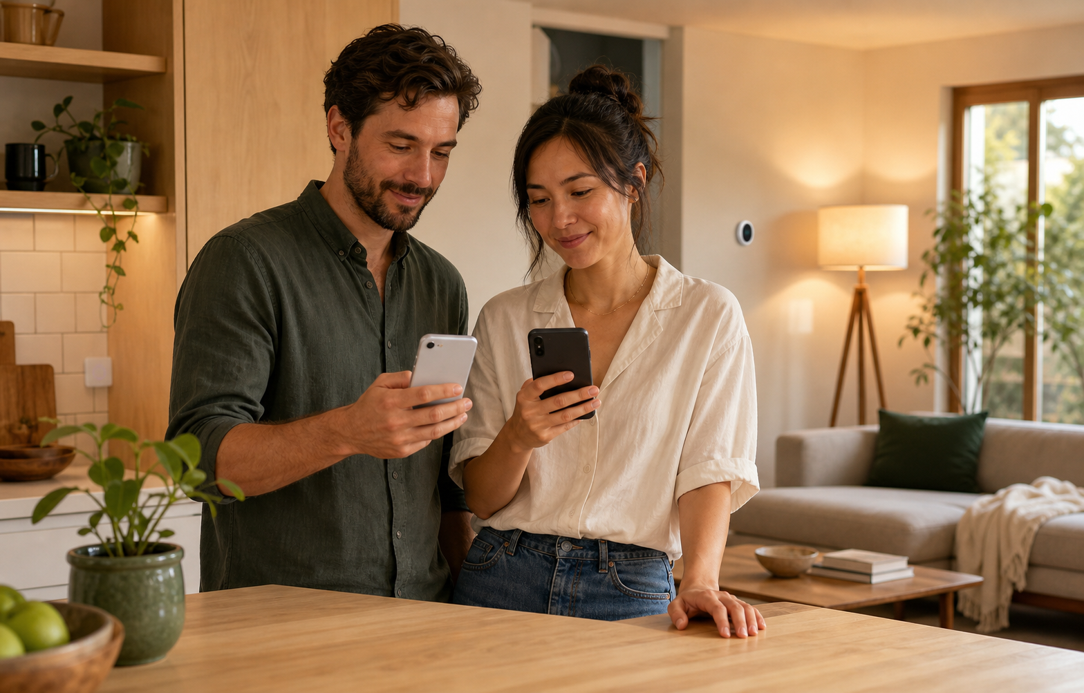 Two people with different smartphones controlling the same smart home in a warm living room