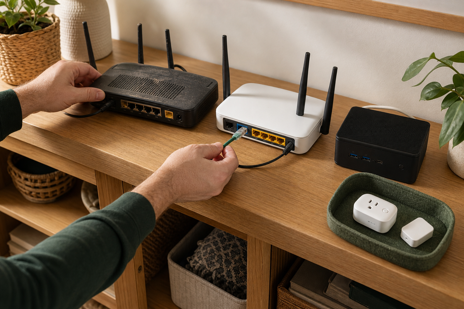 Homeowner moving an Ethernet cable from an old Wi-Fi router to a new router beside a local smart-home computer and existing devices