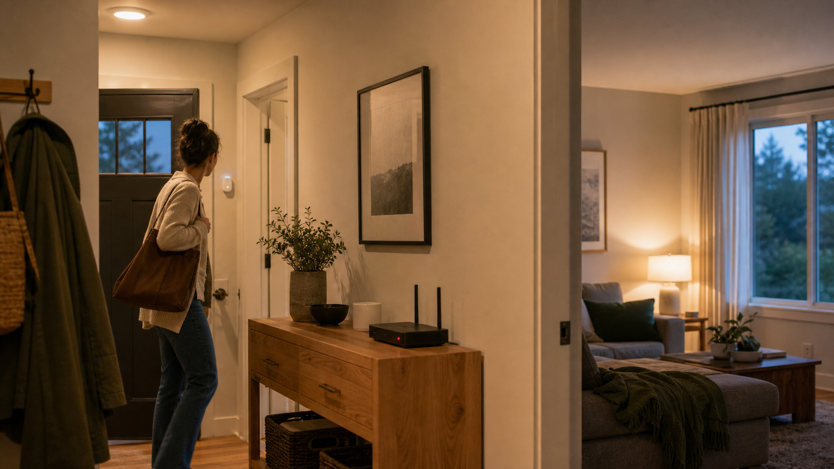 Homeowner entering a warmly lit home while a local SmartThings routine continues during an internet outage