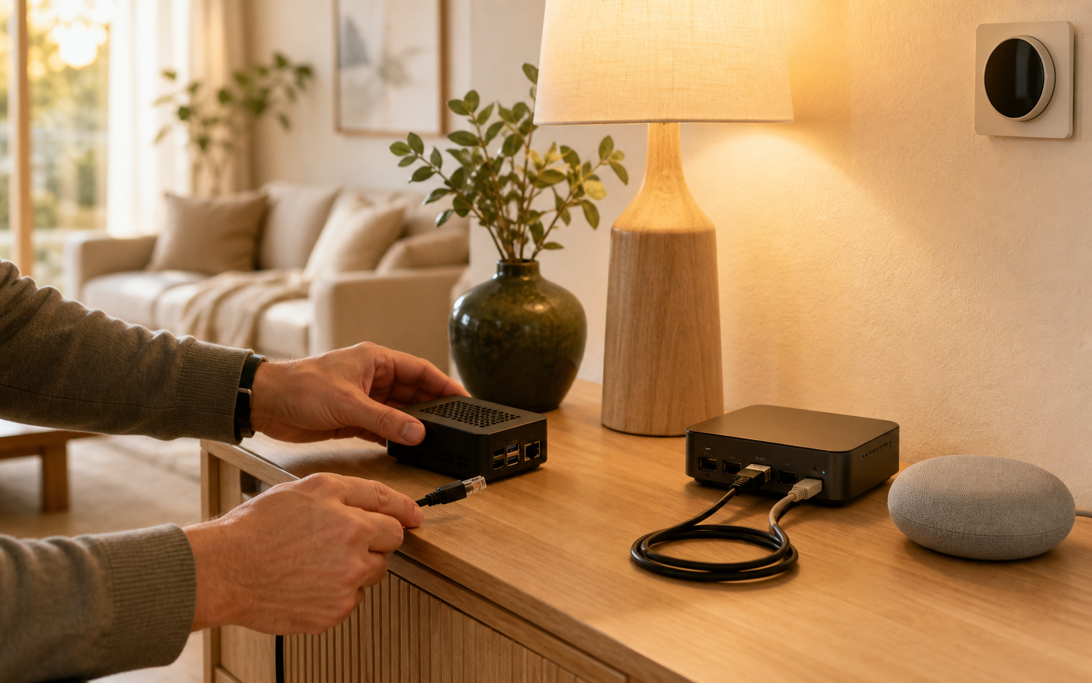 Homeowner unplugging an older small smart-home bridge beside a connected local controller on a warm oak console