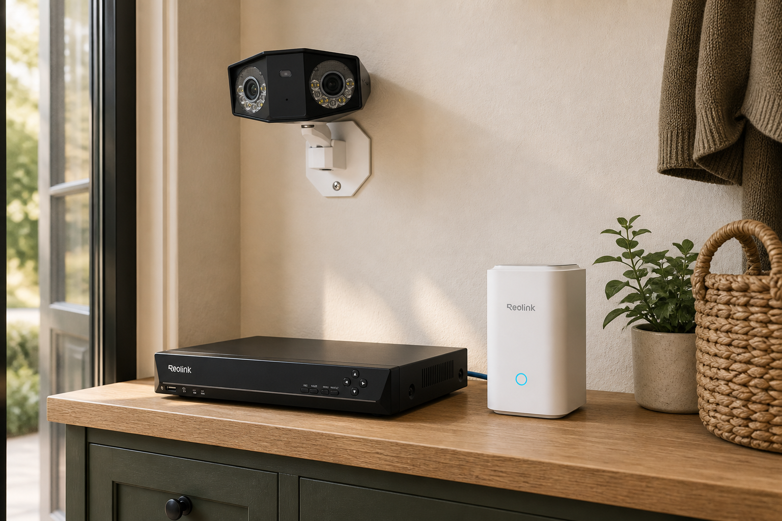 Reolink Duo 3 PoE camera above an RLN8-410 NVR and Reolink Home Hub in a warm utility nook