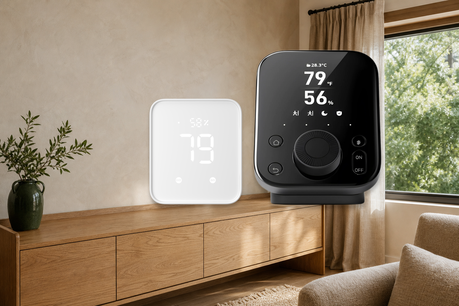 SwitchBot Hub 2 and Hub 3 on a warm wood console in a living room