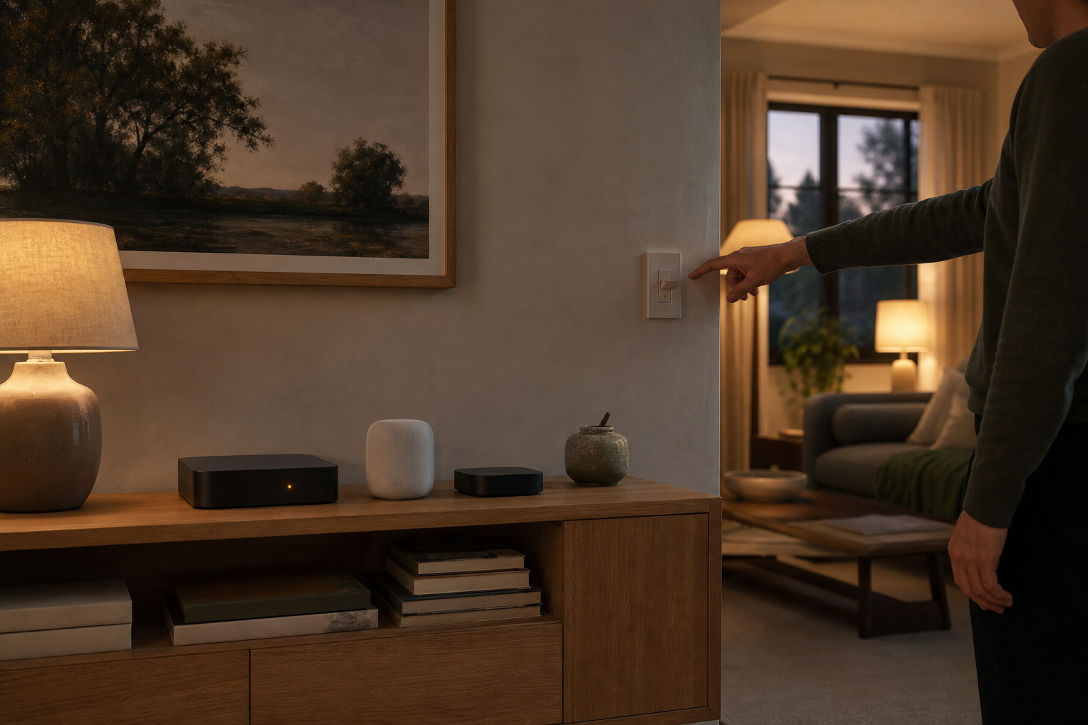 A homeowner using a wall switch beside working lamps and local smart-home hub devices during an internet outage