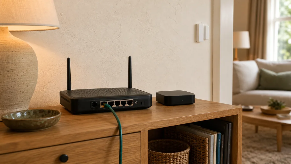 Unbranded home router and local smart-home hub connected by a green Ethernet cable on a warm oak console