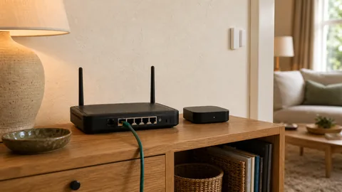 Unbranded home router and local smart-home hub connected by a green Ethernet cable on a warm oak console