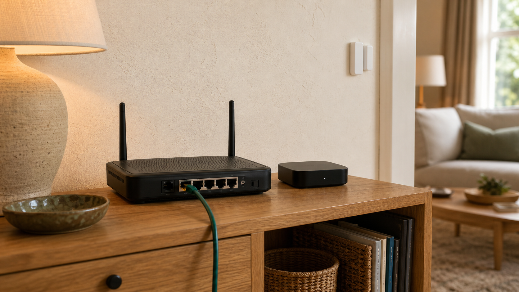 Unbranded home router and local smart-home hub connected by a green Ethernet cable on a warm oak console