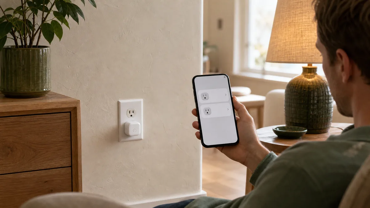 Homeowner comparing two matching smart-plug entries on a phone with one physical plug installed nearby