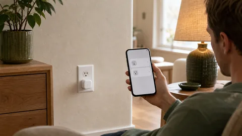 Homeowner comparing two matching smart-plug entries on a phone with one physical plug nearby