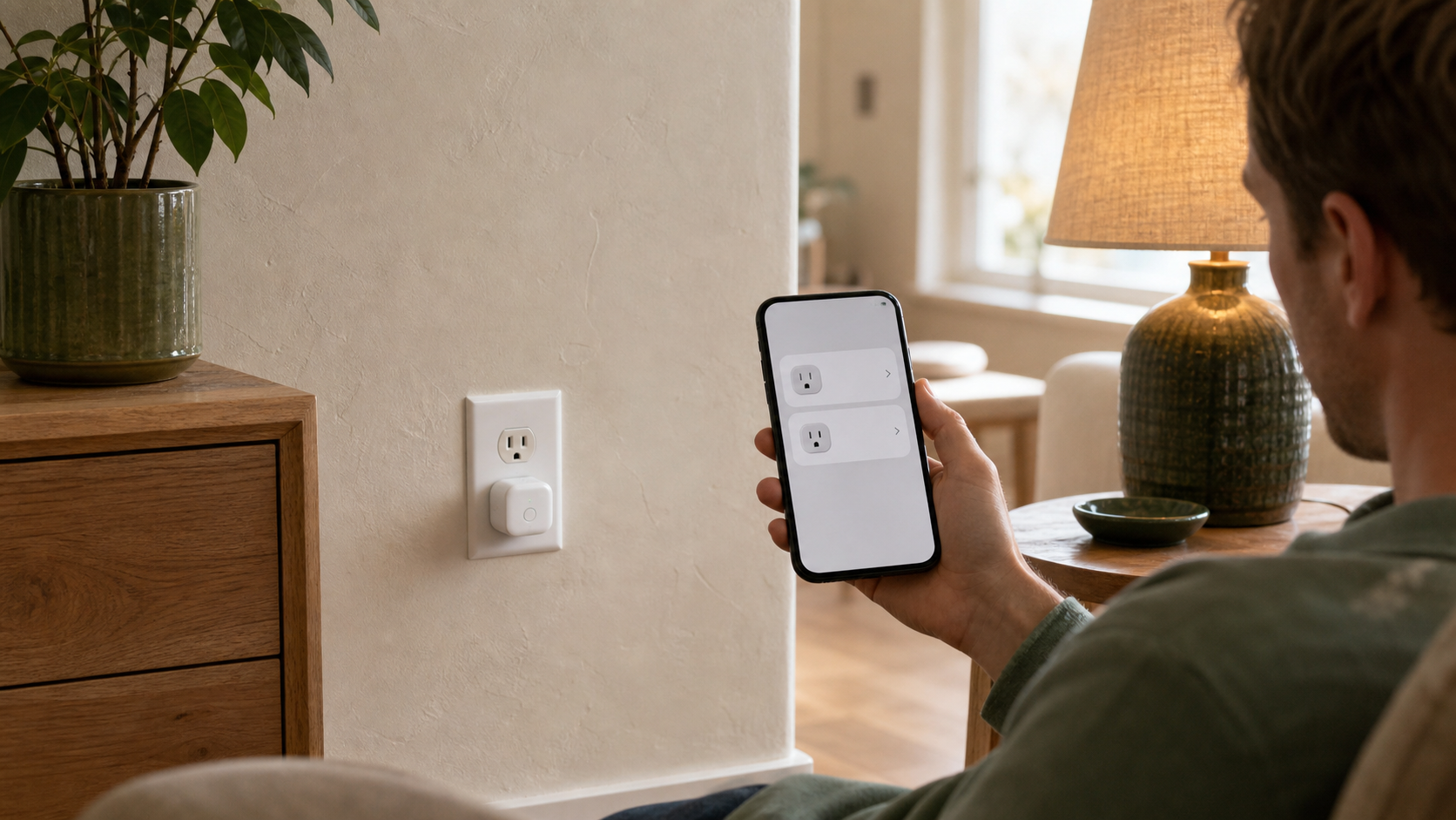 Homeowner comparing two matching smart-plug entries on a phone with one physical plug nearby