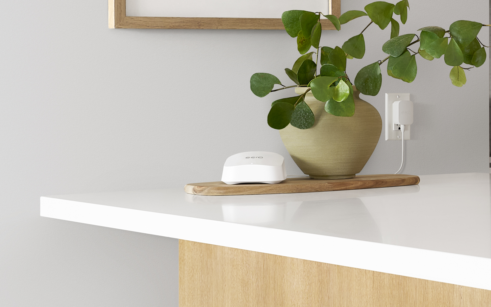 eero 7 beside a green plant on a warm residential kitchen counter