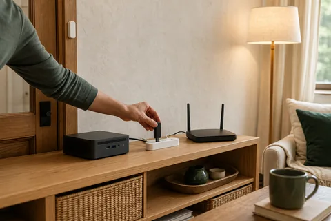 A homeowner repositioning a Zigbee coordinator away from a computer and Wi-Fi router in a warm living room