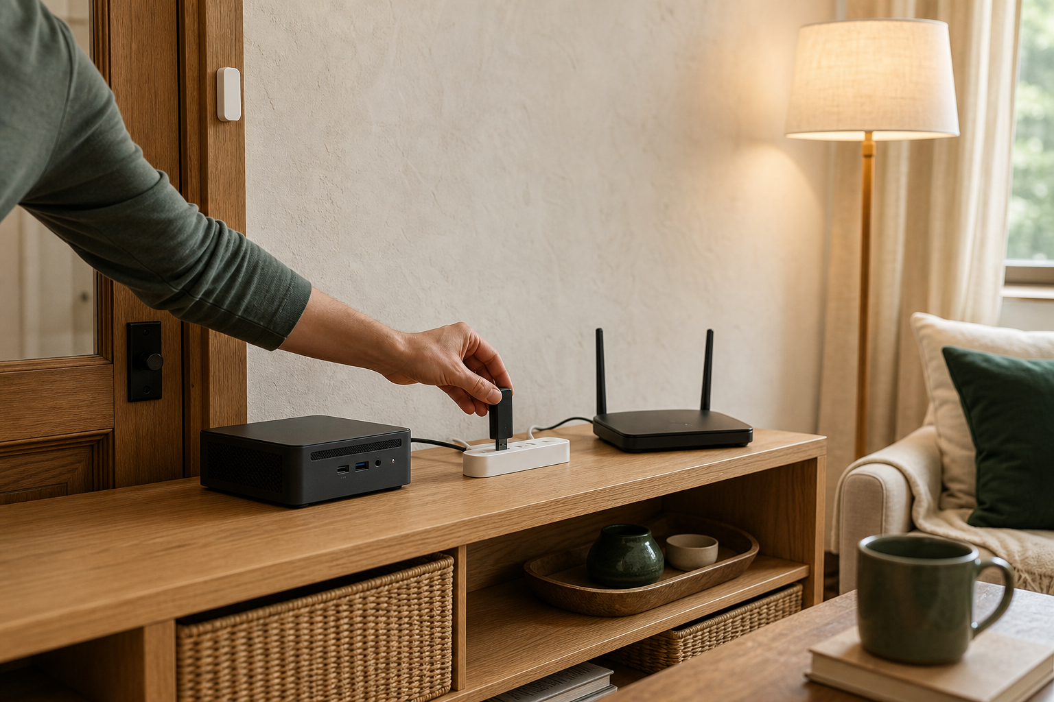 A homeowner repositioning a Zigbee coordinator away from a computer and Wi-Fi router in a warm living room