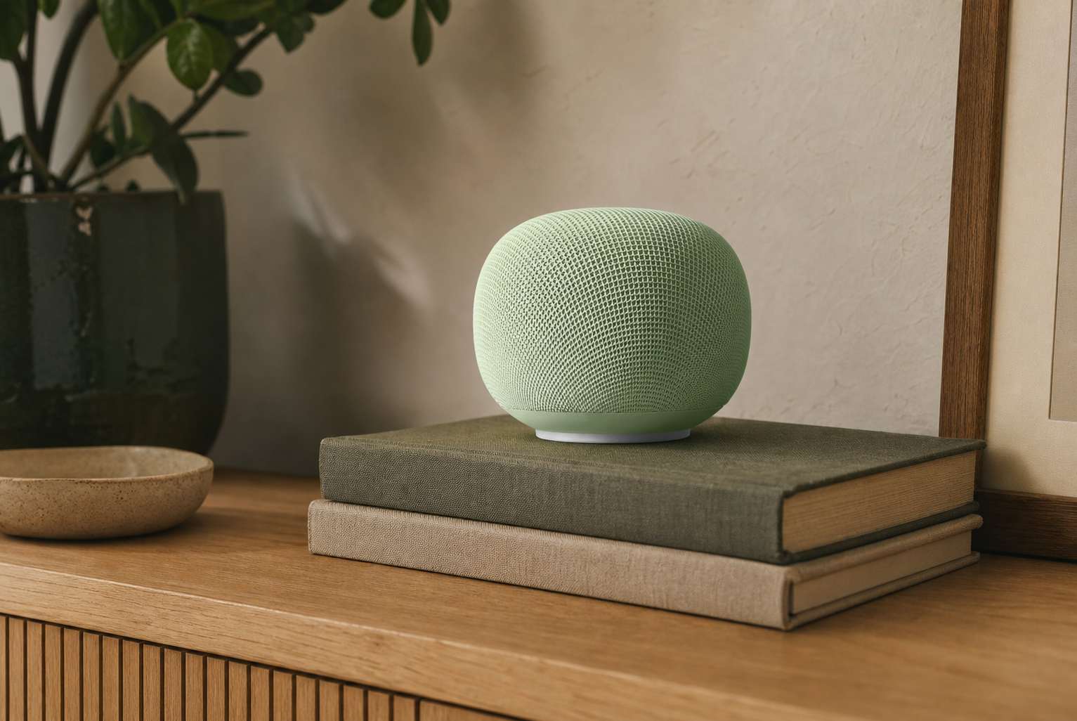 Google Home Speaker 2026 in pale sage fabric on a warm oak living-room console