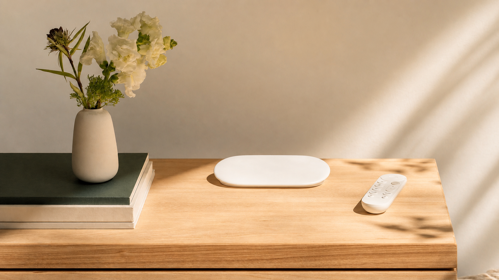 Google TV Streamer and remote on a warm oak console beside flowers and dark-green books