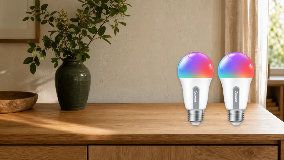 Two Govee H6008 smart bulbs on a warm oak sideboard beside a dark-green vase