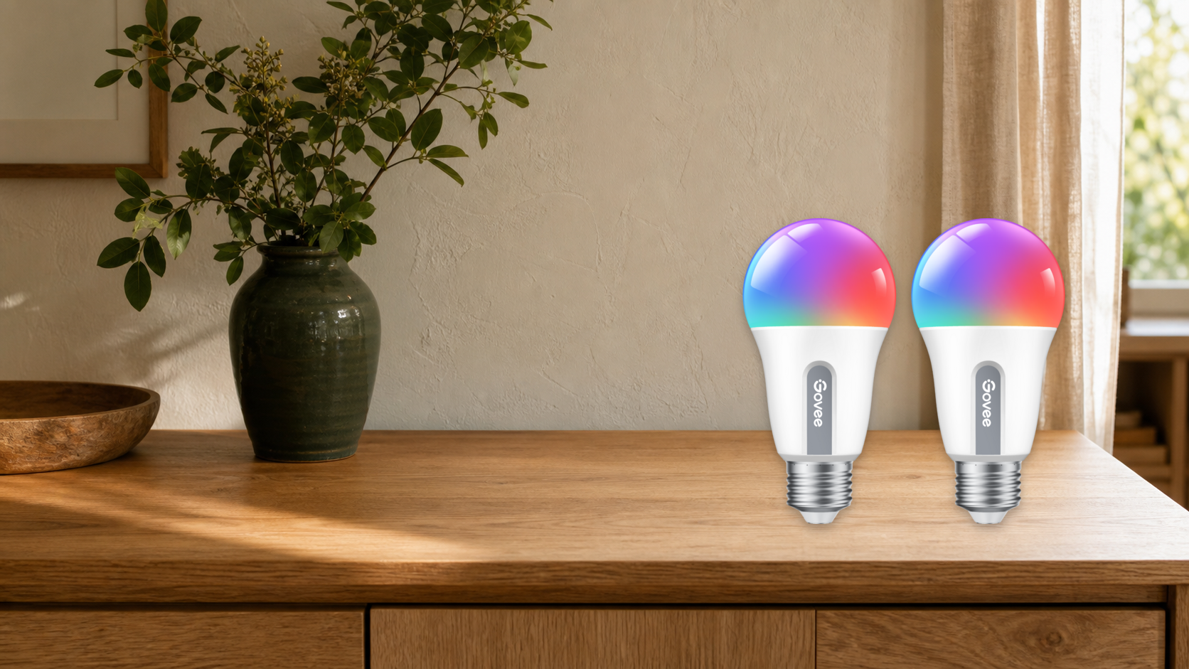 Two Govee H6008 smart bulbs on a warm oak sideboard beside a dark-green vase