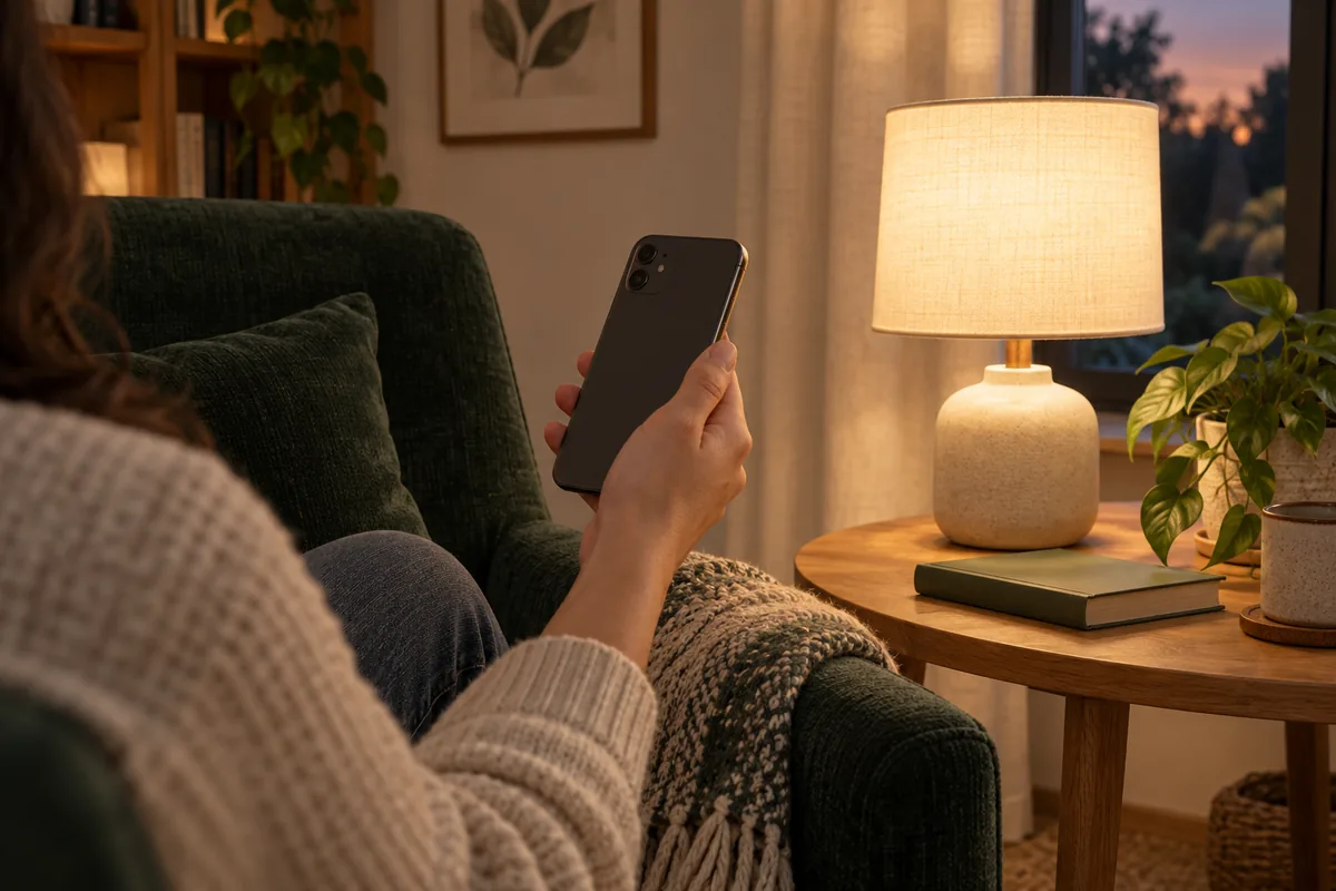 A person holding a phone beside a glowing reading lamp and a dark-green armchair