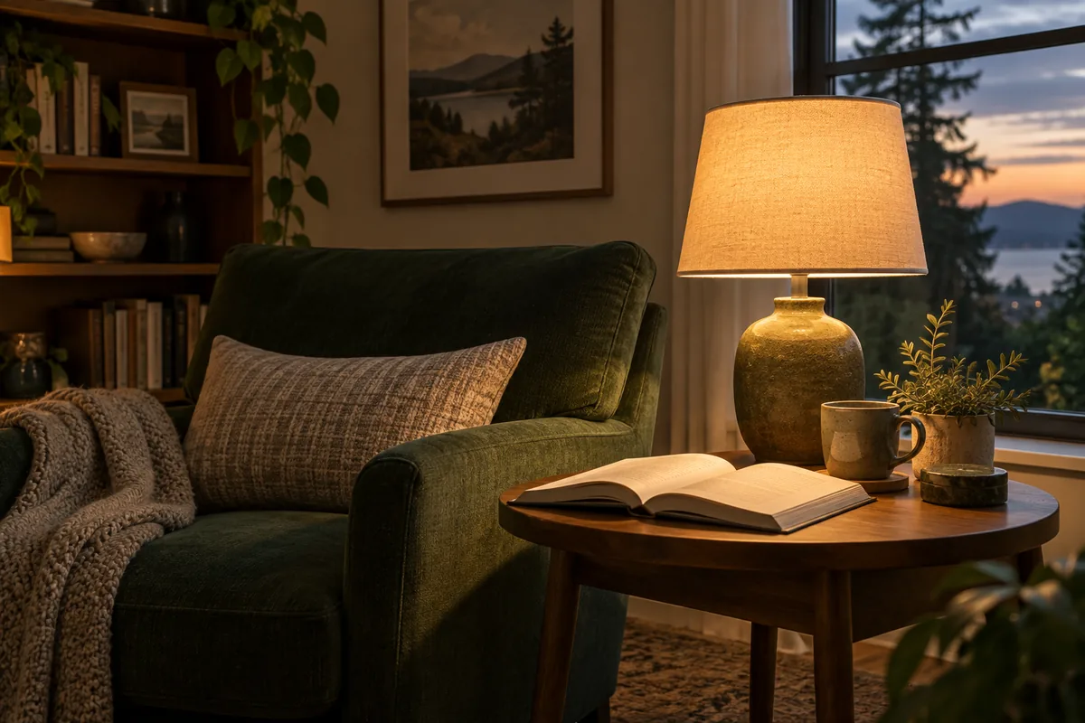 A warm reading lamp beside an open book and forest-green armchair at dusk