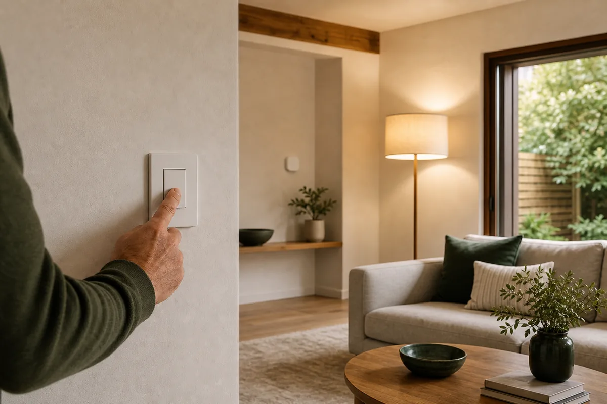 A person pressing a wall light switch beside a warmly lit living room