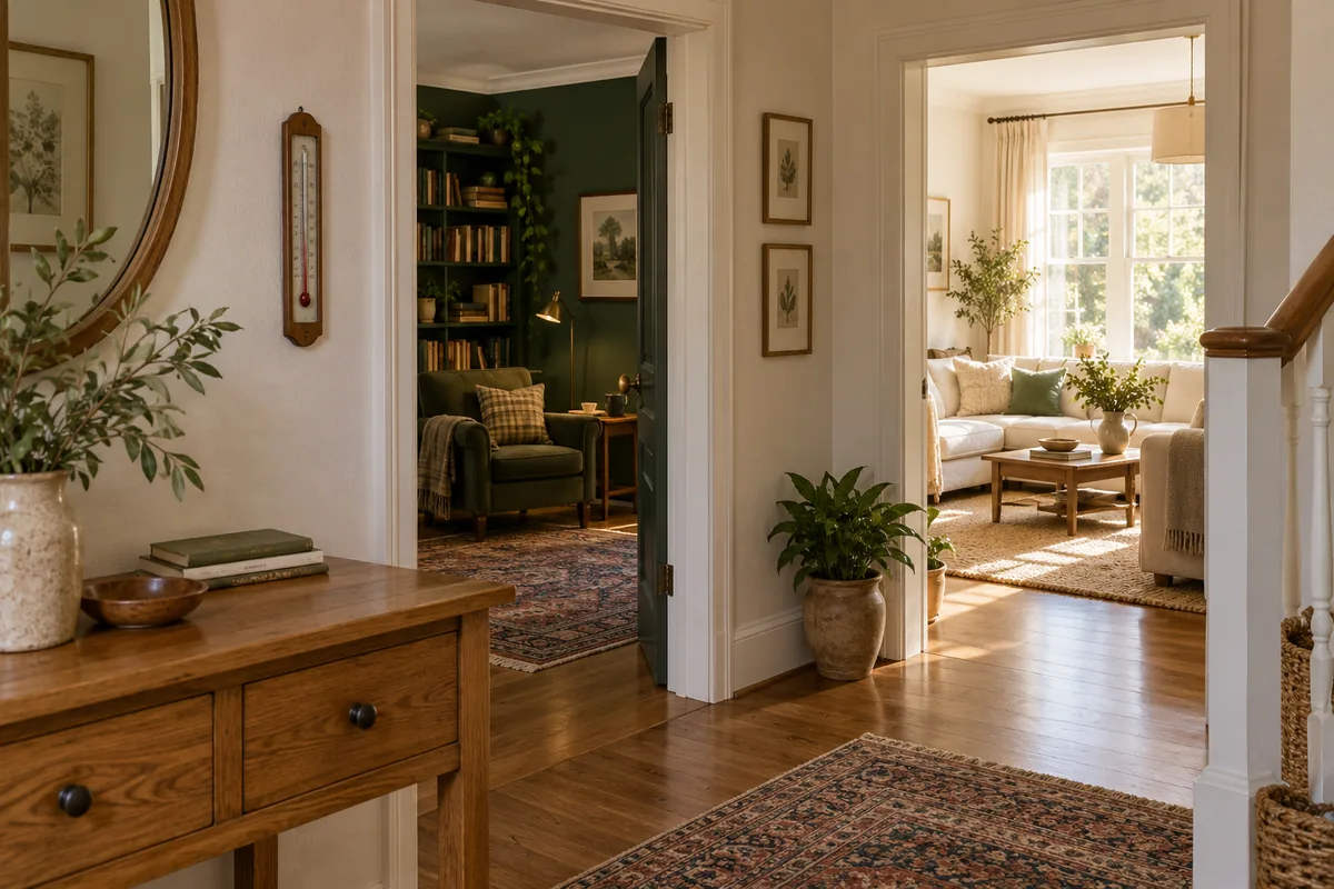 A hallway thermometer between a shaded green reading room and a sunlit living room