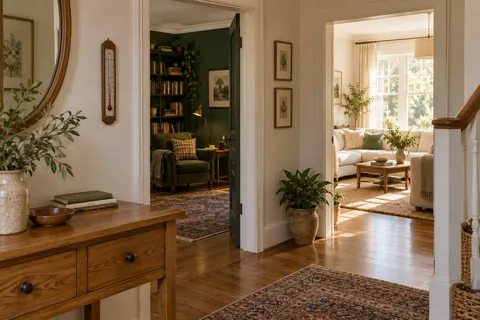 A hallway thermometer between a shaded green reading room and a sunlit living room