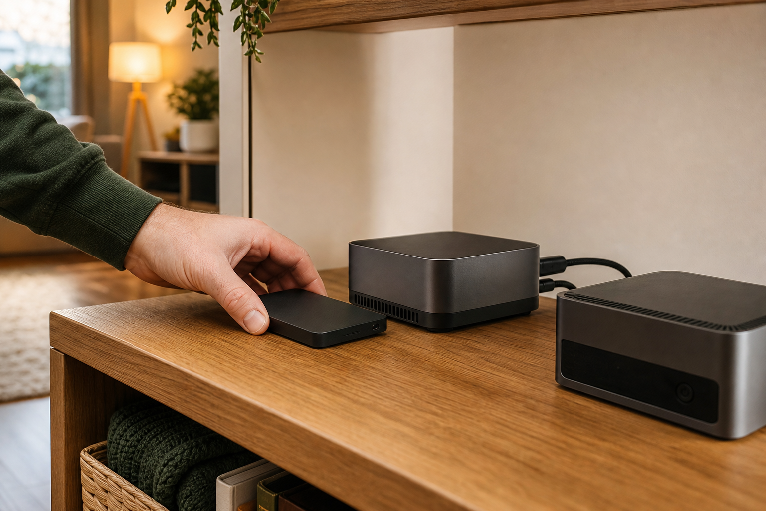 A homeowner placing an external backup drive beside old and replacement Home Assistant computers