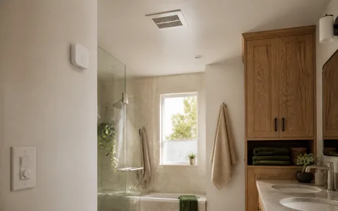 A warm bathroom with a ceiling exhaust grille, wall humidity sensor, and ordinary fan switch after a shower
