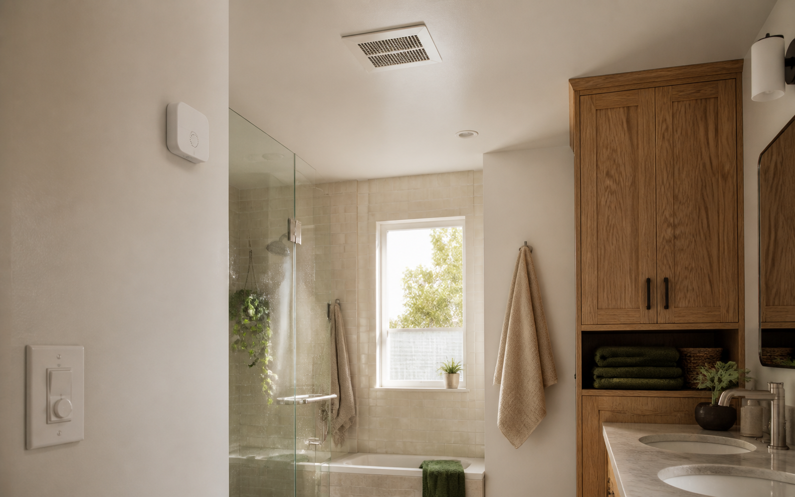 A warm bathroom with a ceiling exhaust grille, wall humidity sensor, and ordinary fan switch after a shower