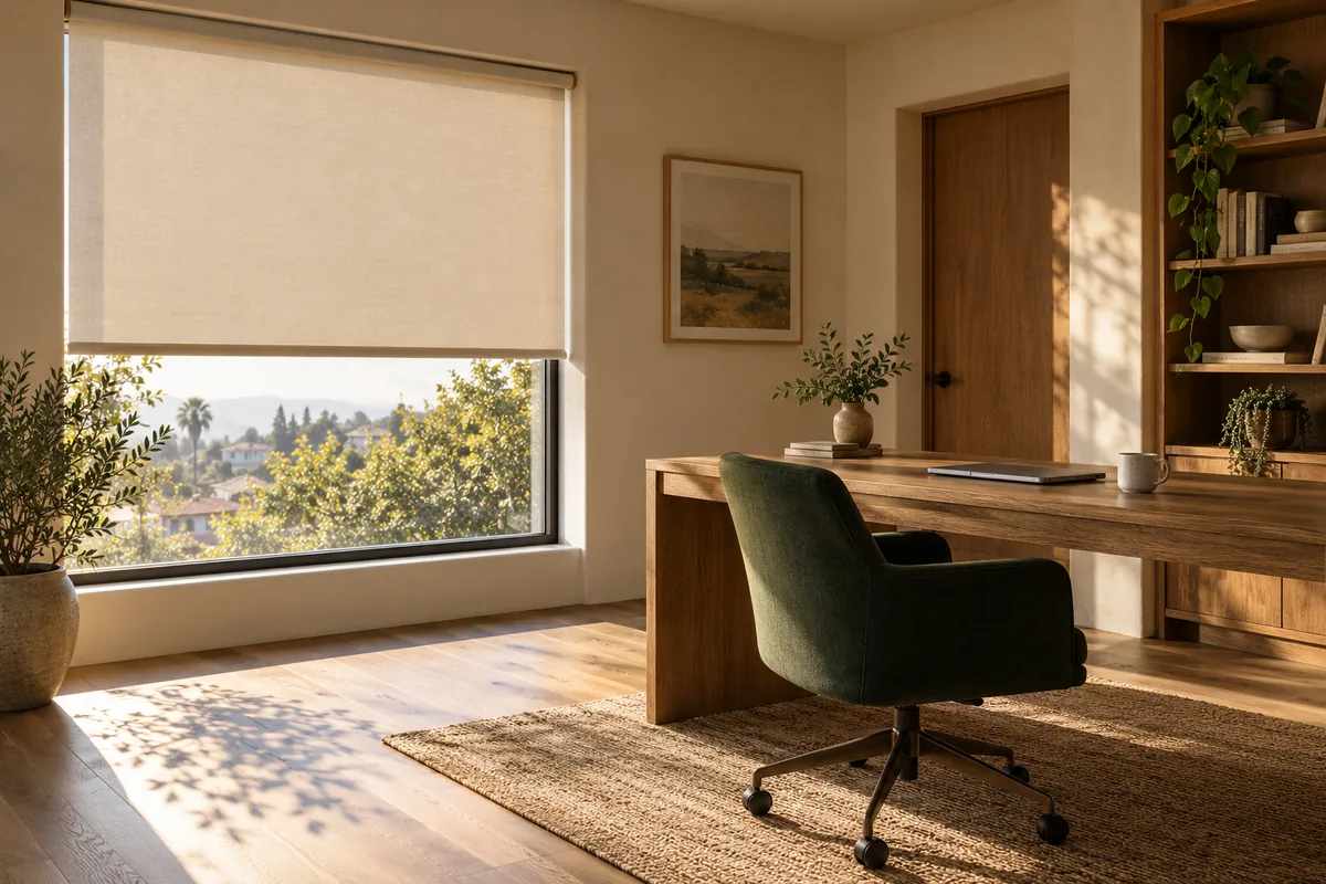 Cream roller shade partly lowered beside an oak desk and green chair, with afternoon sunlight falling across the floor