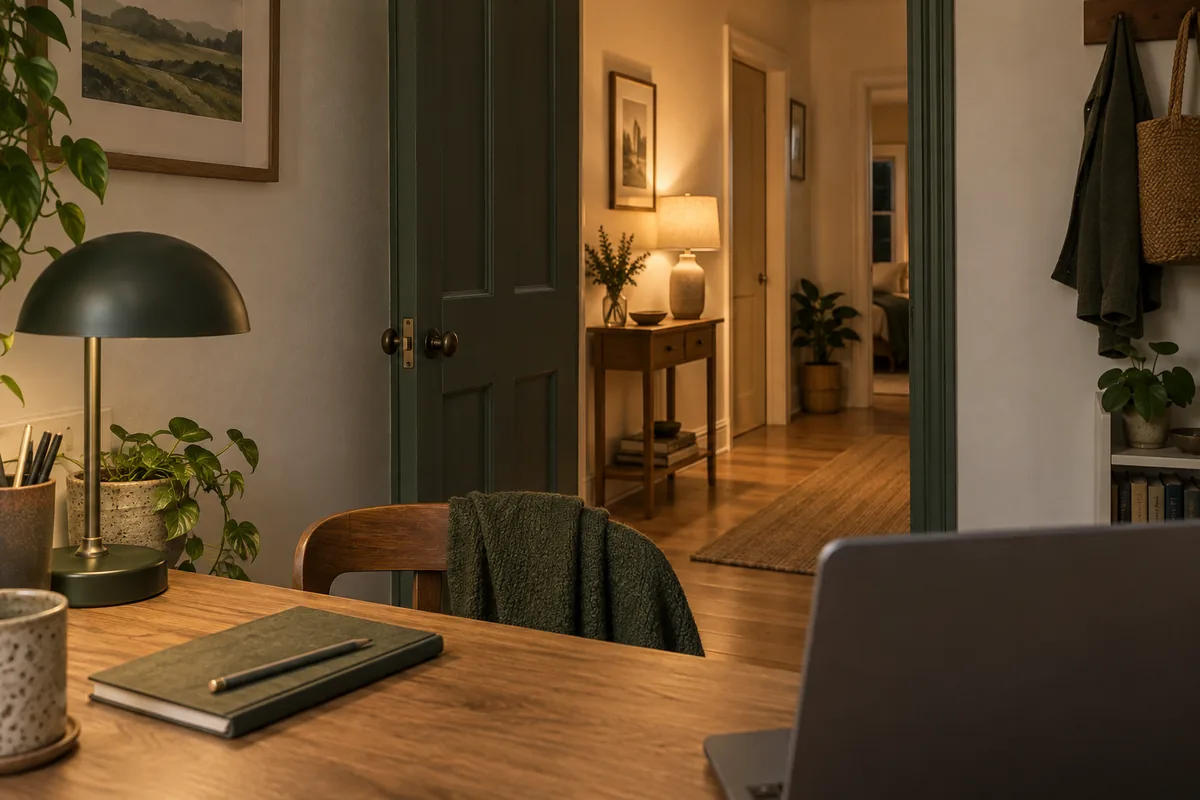An unlit desk lamp and a glowing hallway lamp in a warm home with dark-green door trim