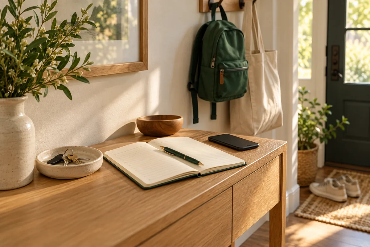Open planner, keys and a face-down phone on an oak entryway console beside a green backpack