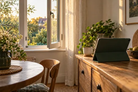 Tablet viewed from behind on an oak console beside an open casement window in a sunlit home