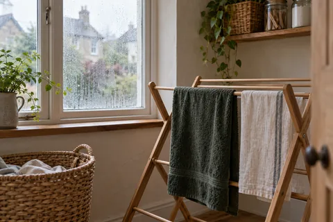 Forest-green and cream laundry drying beside a condensation-covered window in a warm utility room