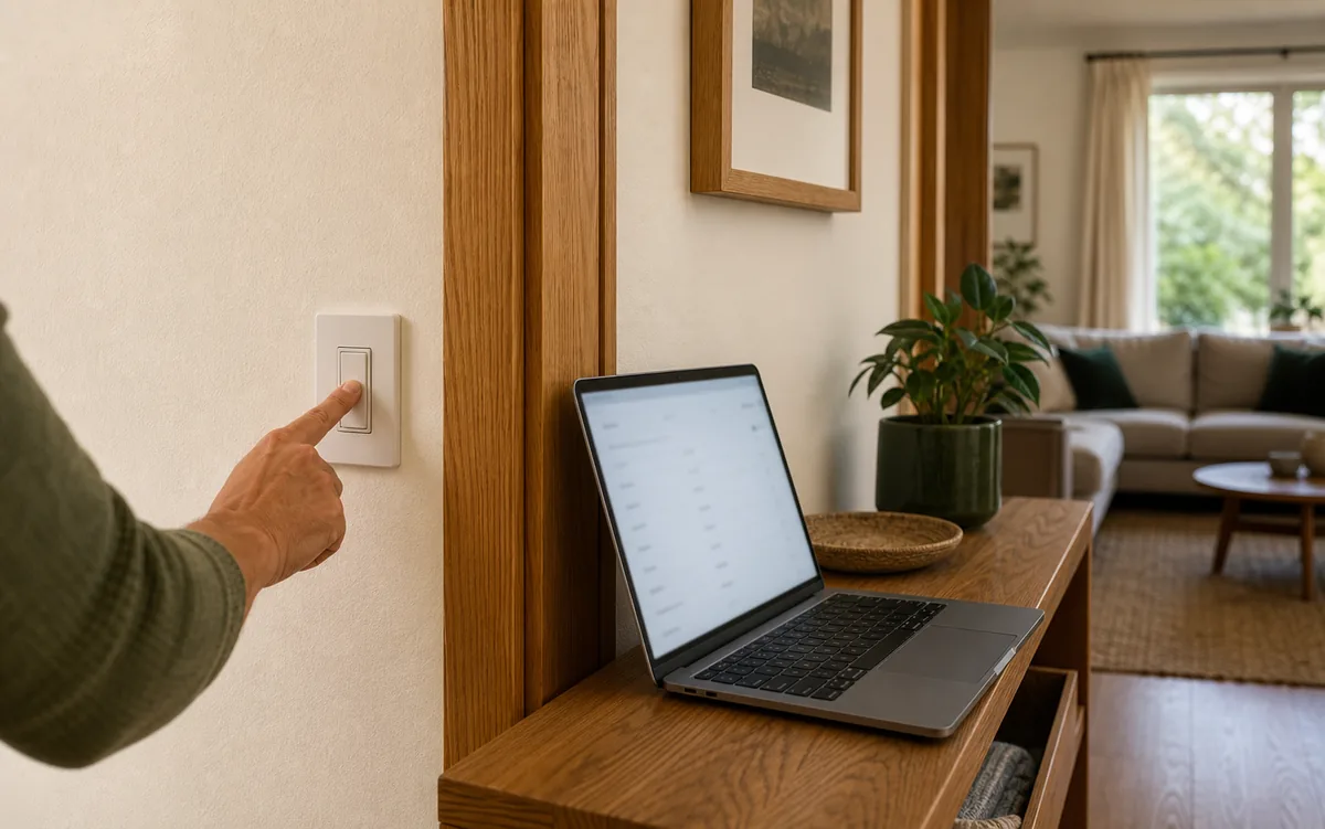 Homeowner pressing a wall button beside a laptop during a Home Assistant automation setup
