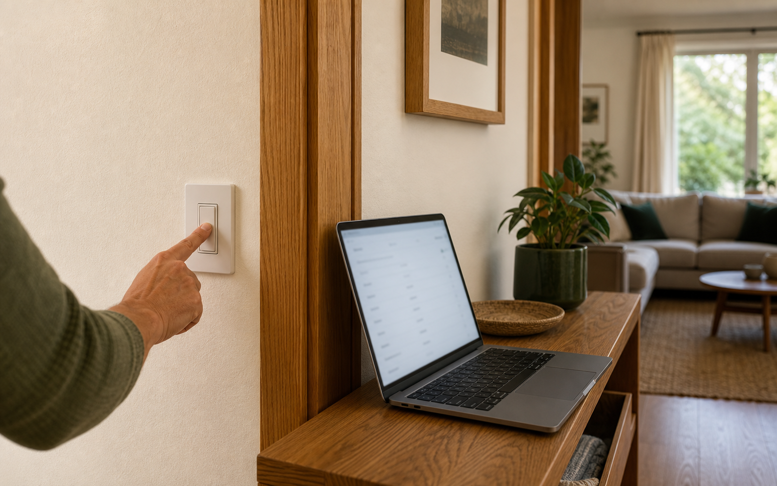 Homeowner pressing a wall button beside a laptop during a Home Assistant automation setup
