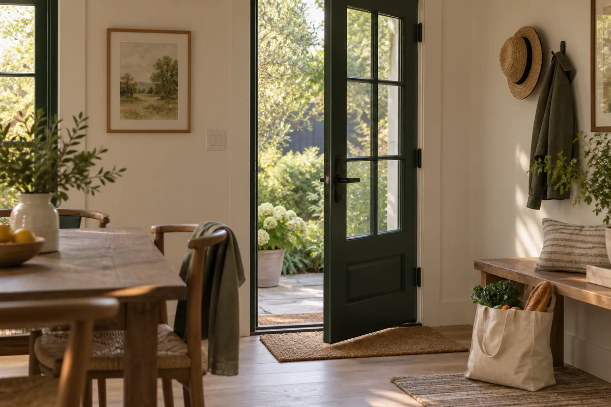 A dark-green patio door left open beside a bench and grocery tote in a warmly lit home