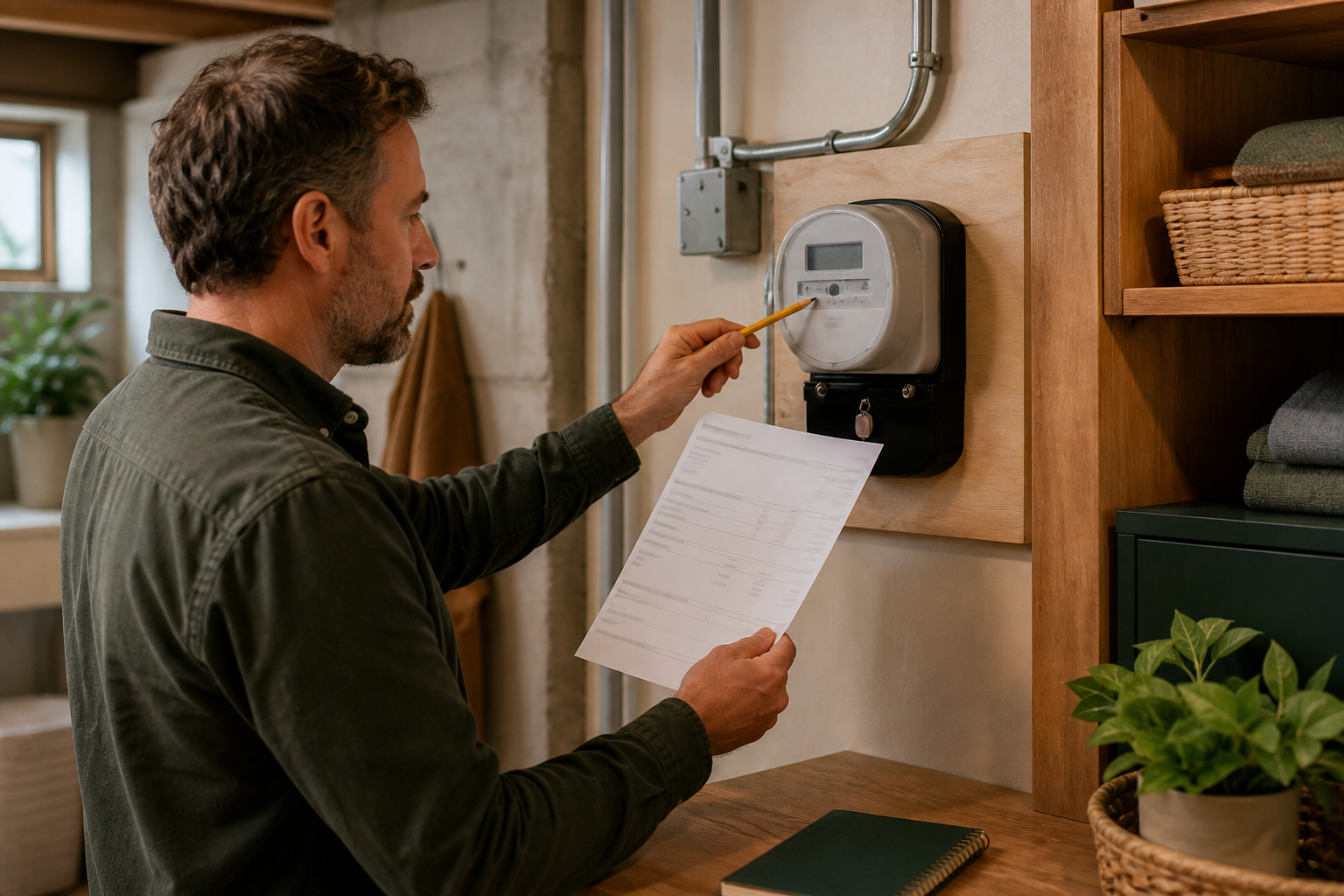 Homeowner comparing a paper electricity bill with a closed household utility meter