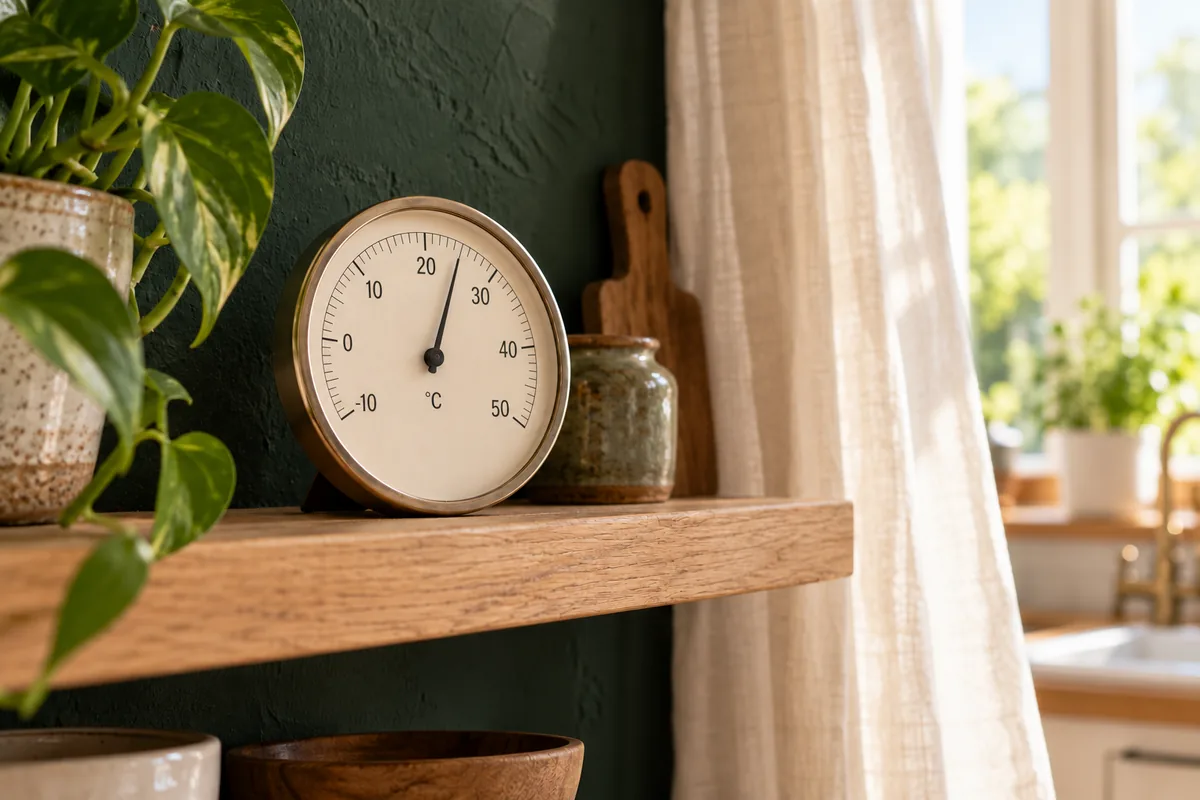 An analog Celsius thermometer on an oak shelf beside a cream curtain and green wall