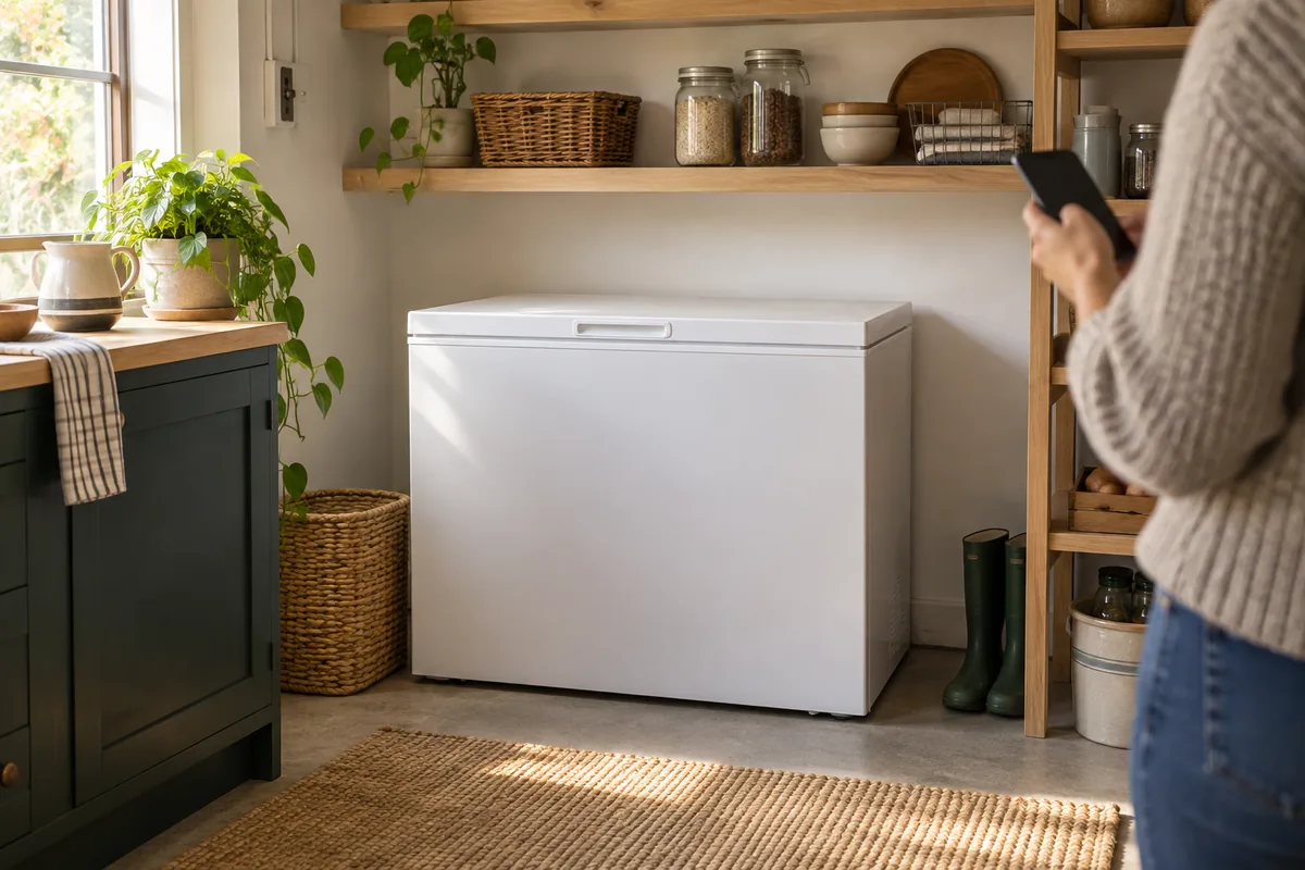 A closed chest freezer in a warm utility room while a person checks their phone