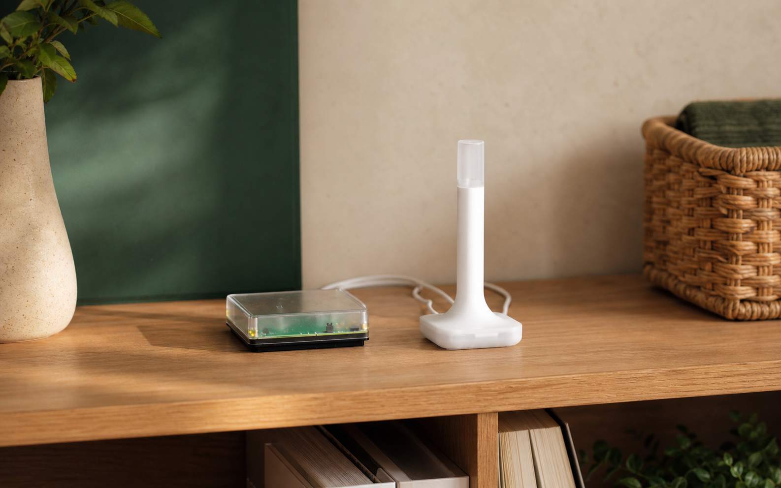 Home Assistant Green beside a white Connect ZBT-2 Thread radio on a warm oak shelf