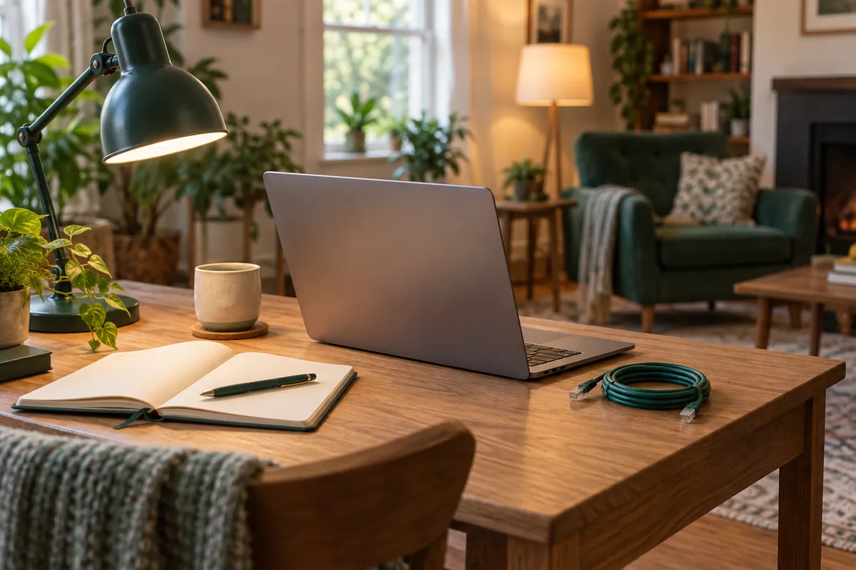 Laptop, notebook and Ethernet cable on an oak desk beside a forest-green lamp in a warm living room