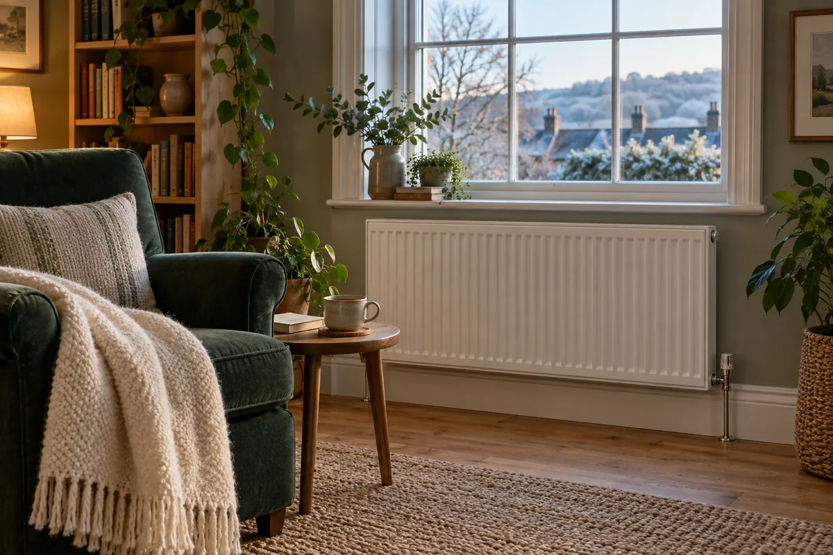 A white radiator beneath a window beside a dark-green armchair in a warm morning sitting room