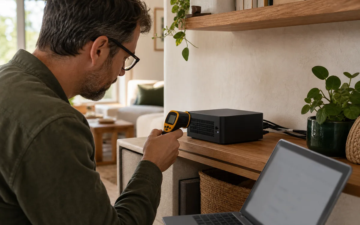 Homeowner checking the temperature of a vented local smart-home computer after a Home Assistant update