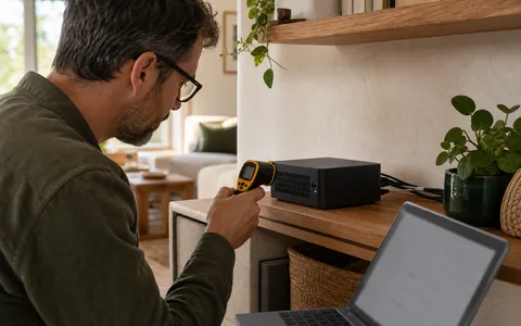 Homeowner checking the temperature of a vented local smart-home computer after a Home Assistant update