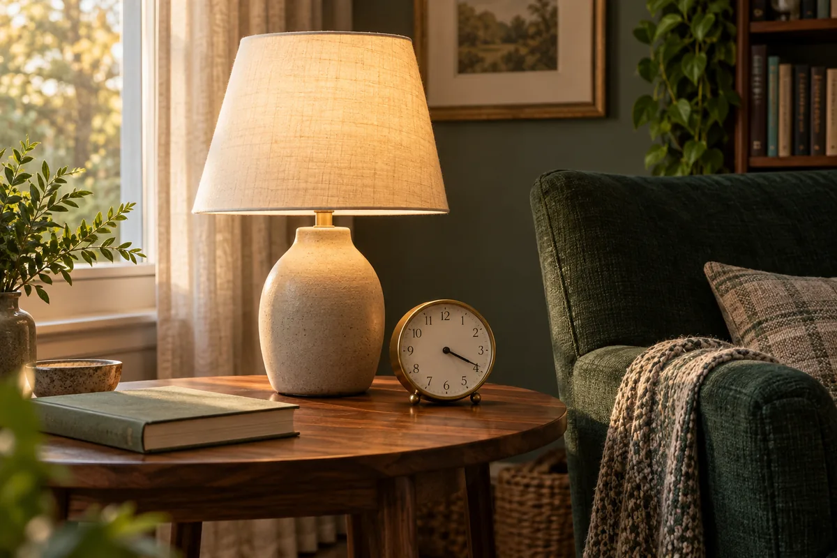 A lit reading lamp and analog clock on a walnut table beside a dark-green armchair